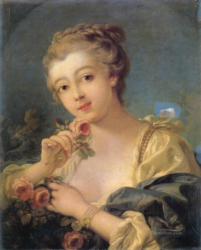  Boucher Oil Painting - Young Woman with a Bouquet of Roses Francois Boucher